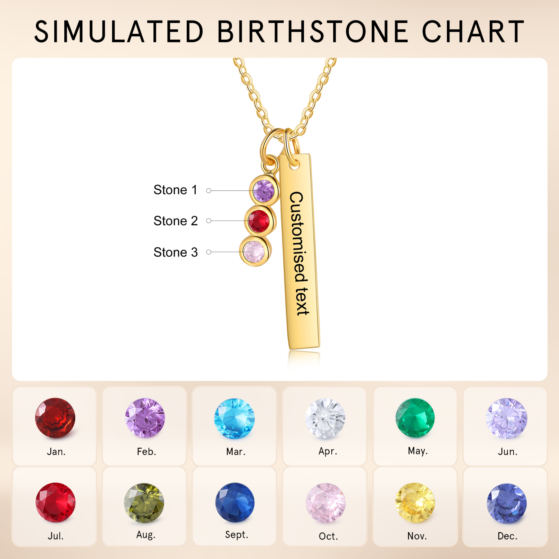 Collar con colgante de placa con 1-6 piedras de nacimiento personalizadas con texto-Jessemade ES