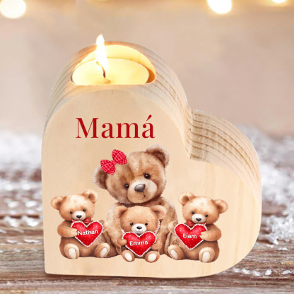 A mi mamá/abuela-Candelero osos 1-6 nombres y 1 texto personalizados en forma de corazón de madera sin candela-Jessemade ES