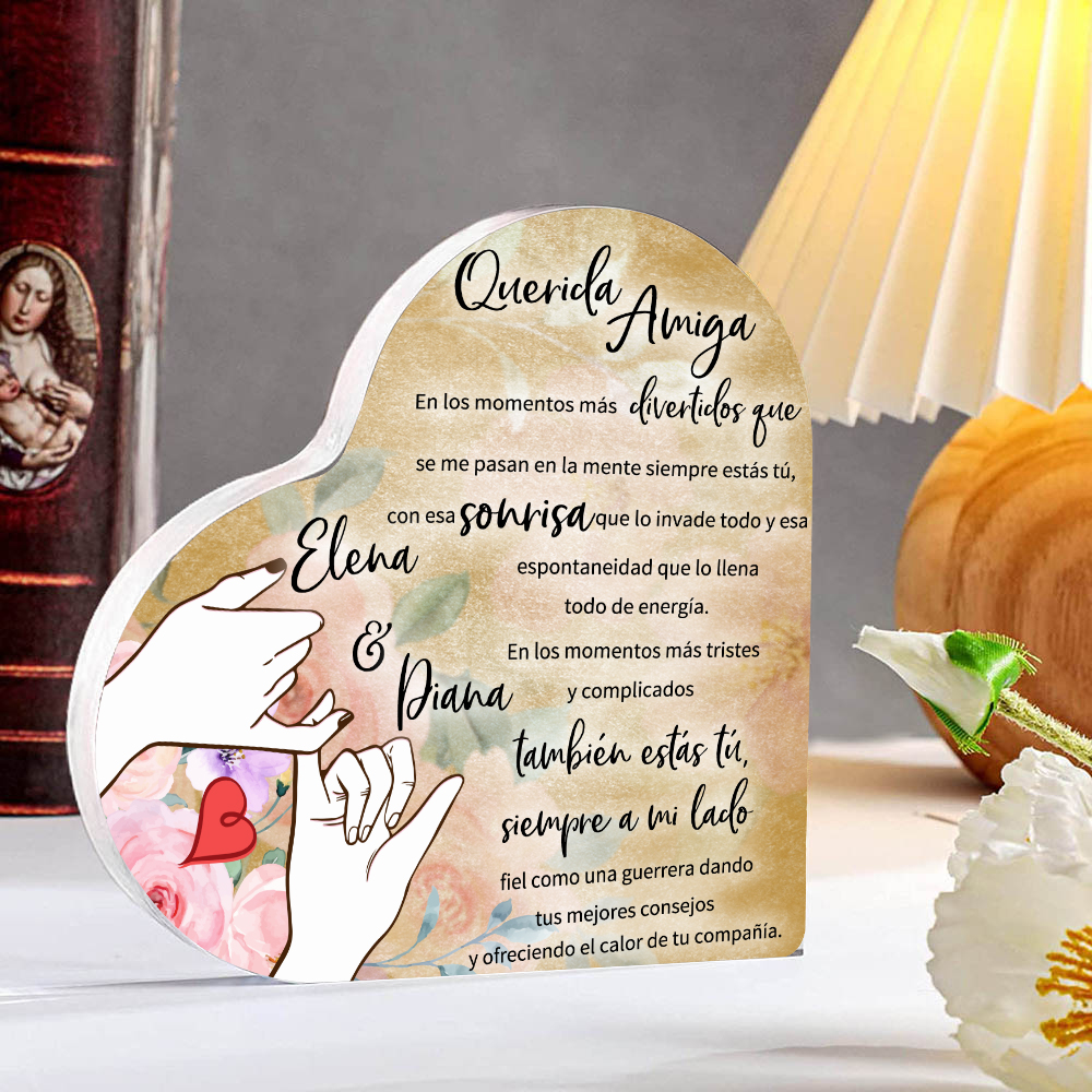 Placa de acrílico en forma de corazón para amiga con 2 nombres personalizados-Jessemade ES