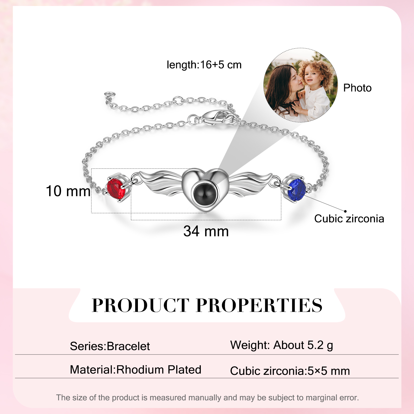 Pulsera con proyección de foto en color y personalizada con 2 piedras para mujer corazón con alas, Brazalete de proyección-Jessemade ES