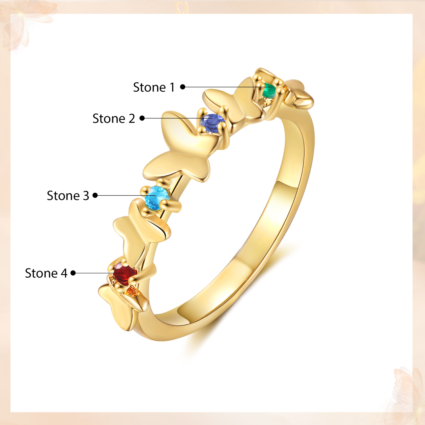Anillo de mariposa personalizado con 4 piedras de nacimiento anillo familia-Jessemade ES