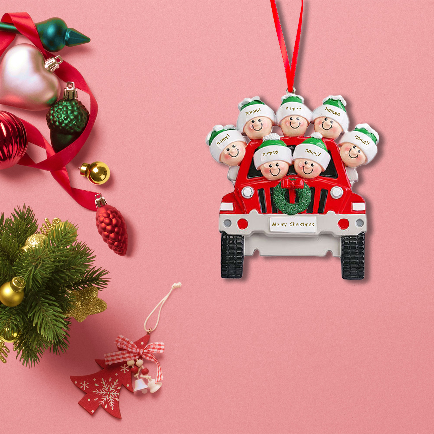 Navidad-Ornamentos con Muñecos Navideños en Coche 3 Nombres con Texto Personalizados Adorno de Resina