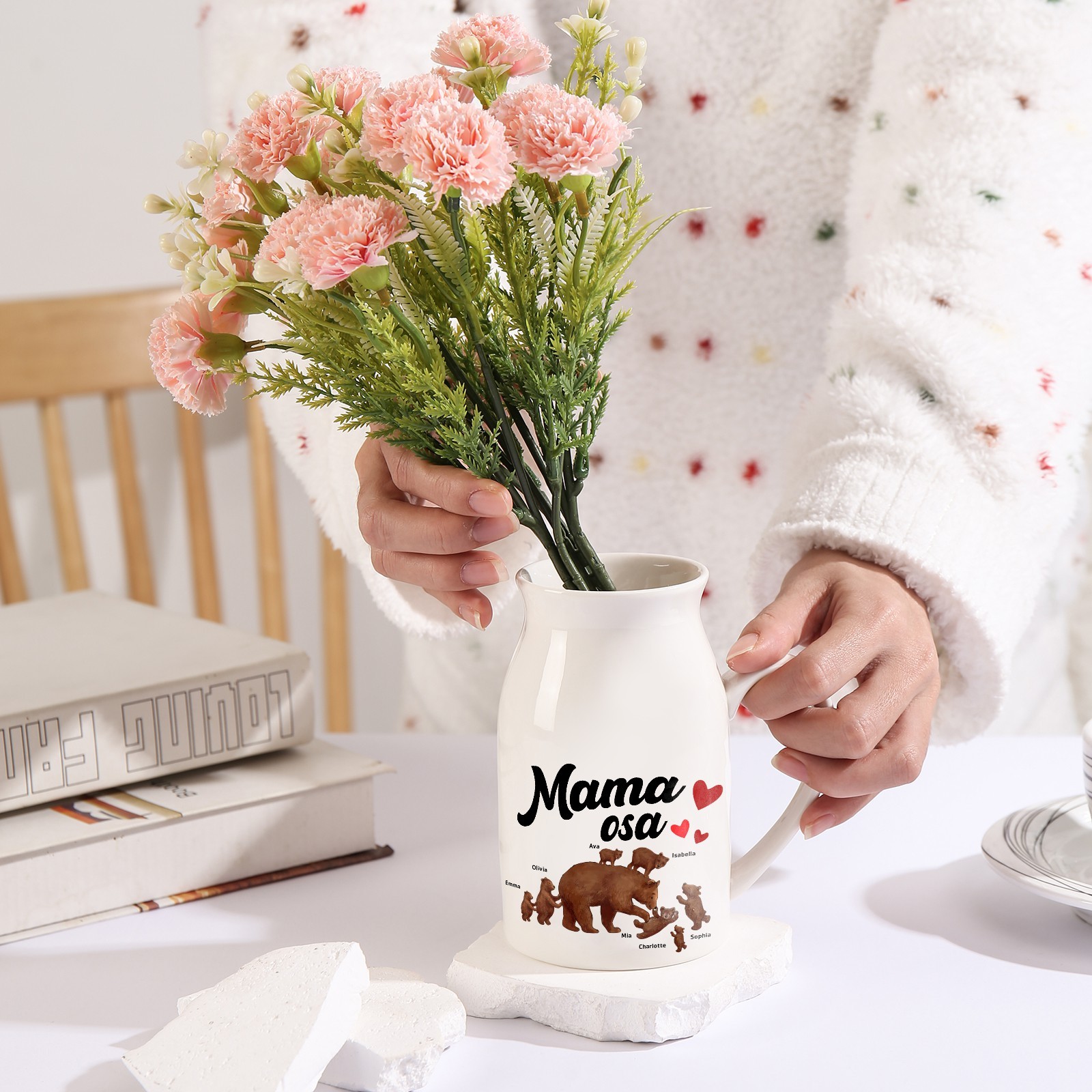 Florero de cerámica mamaosa y sus bebés 2-8 nombres personalizados con texto decoración del hogar-Jessemade ES