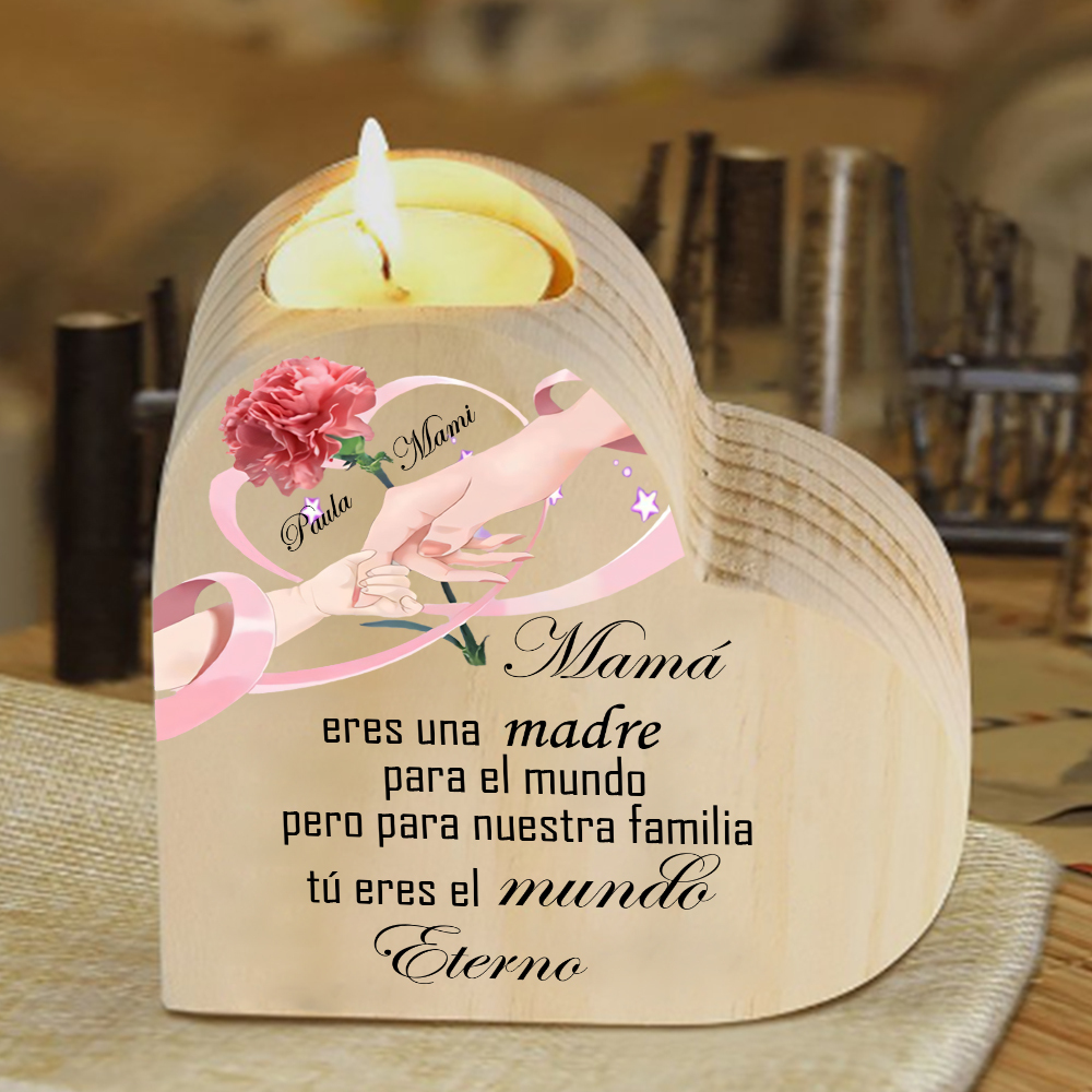 A mi mamá-Candelero con 2 nombres personalizados en forma de corazón de madera sin candela-Jessemade ES