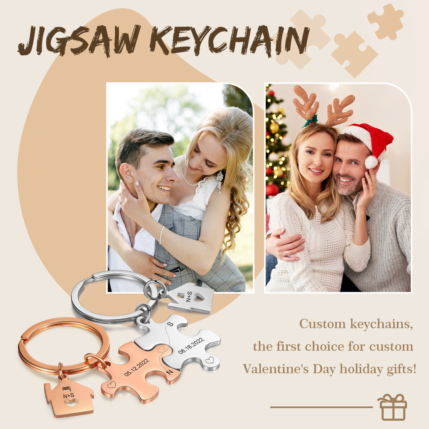 Llavero para pareja rompecabezas 2 letras personalizadas con fecha dije de casa-Jessemade ES