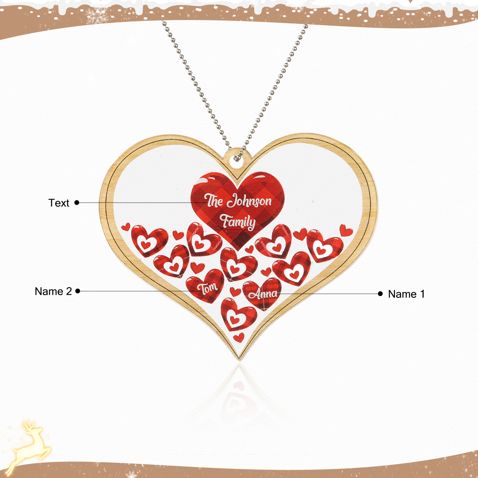 Navidad-Ornamento navideño de acrílico corazones con 2 nombres y 1 texto personalizados