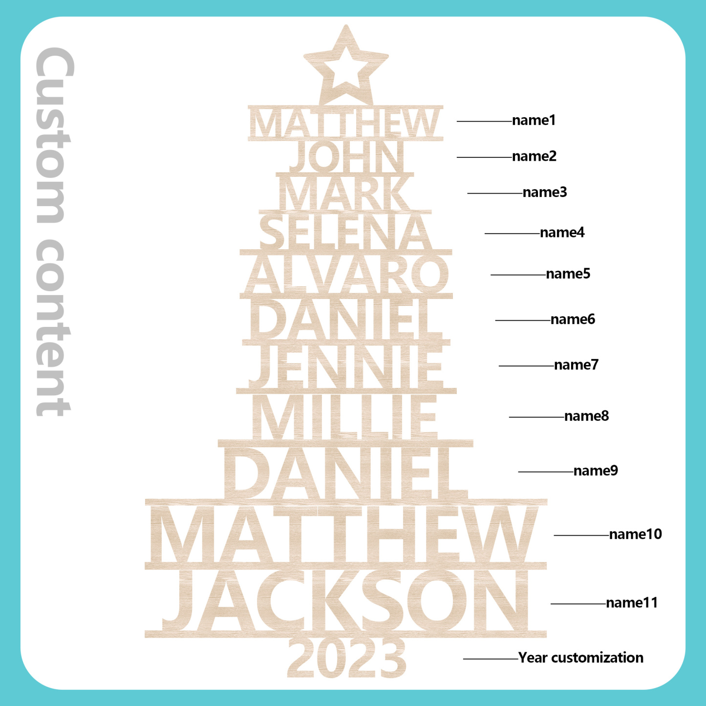 Navidad-Ornamento navideño de madera árbol de nombres con 11 nombres y año personalizados