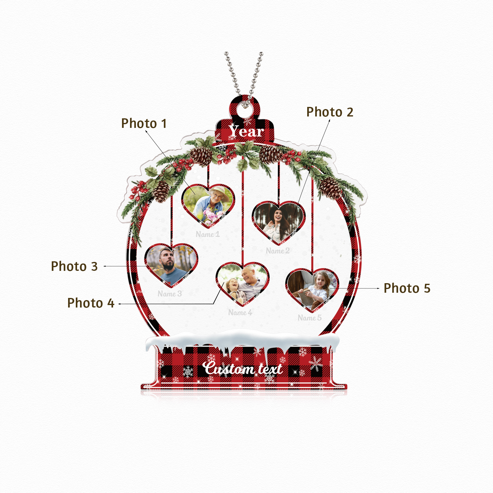 Navidad-Ornamento navideño de acrílico bola de cristal con 5 nombres, 5 fotos y 1 texto personalizados-Jessemade ES