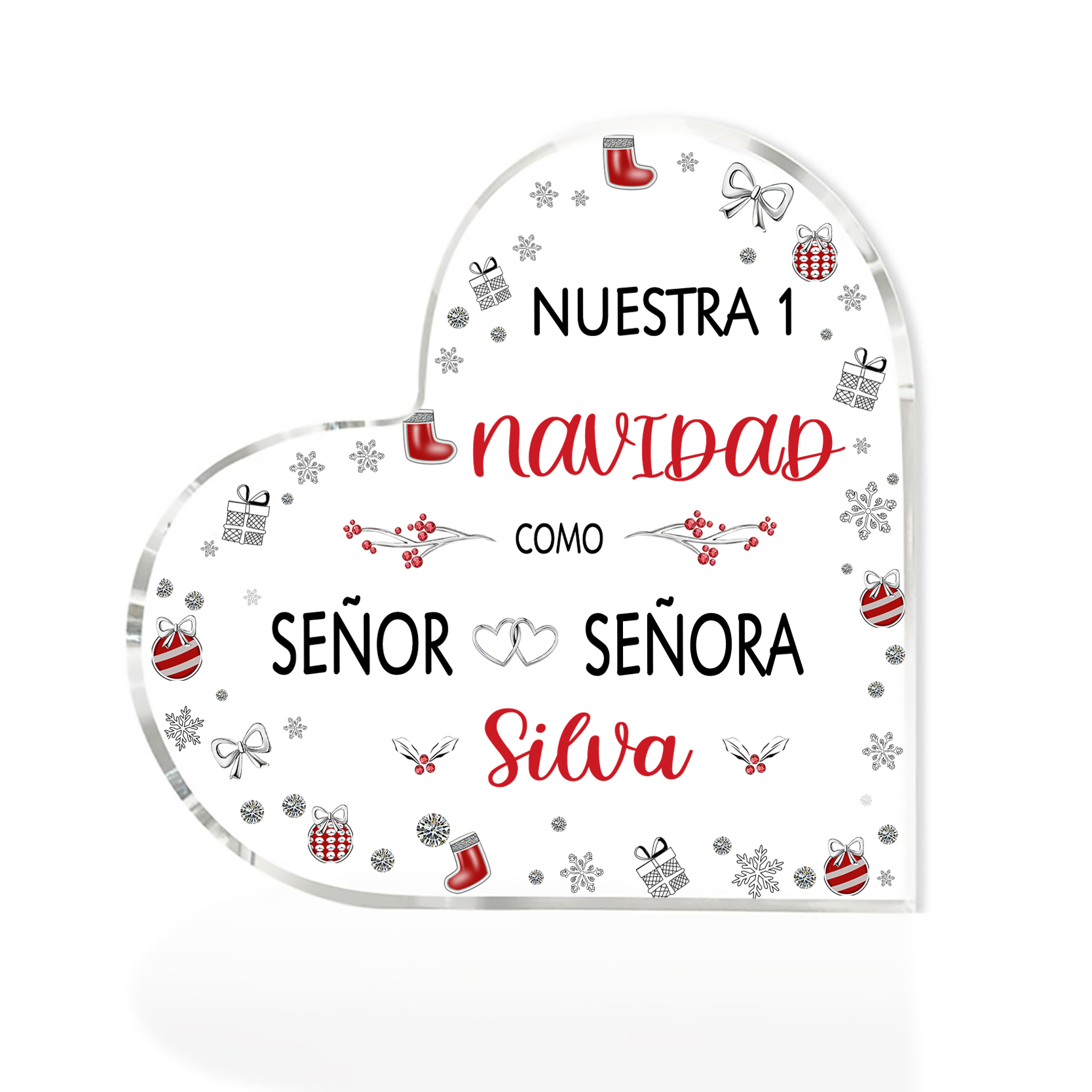 Navidad-Placa de acrílico en forma de corazón aniversario de navidad con número y apellido personalizados-Jessemade ES