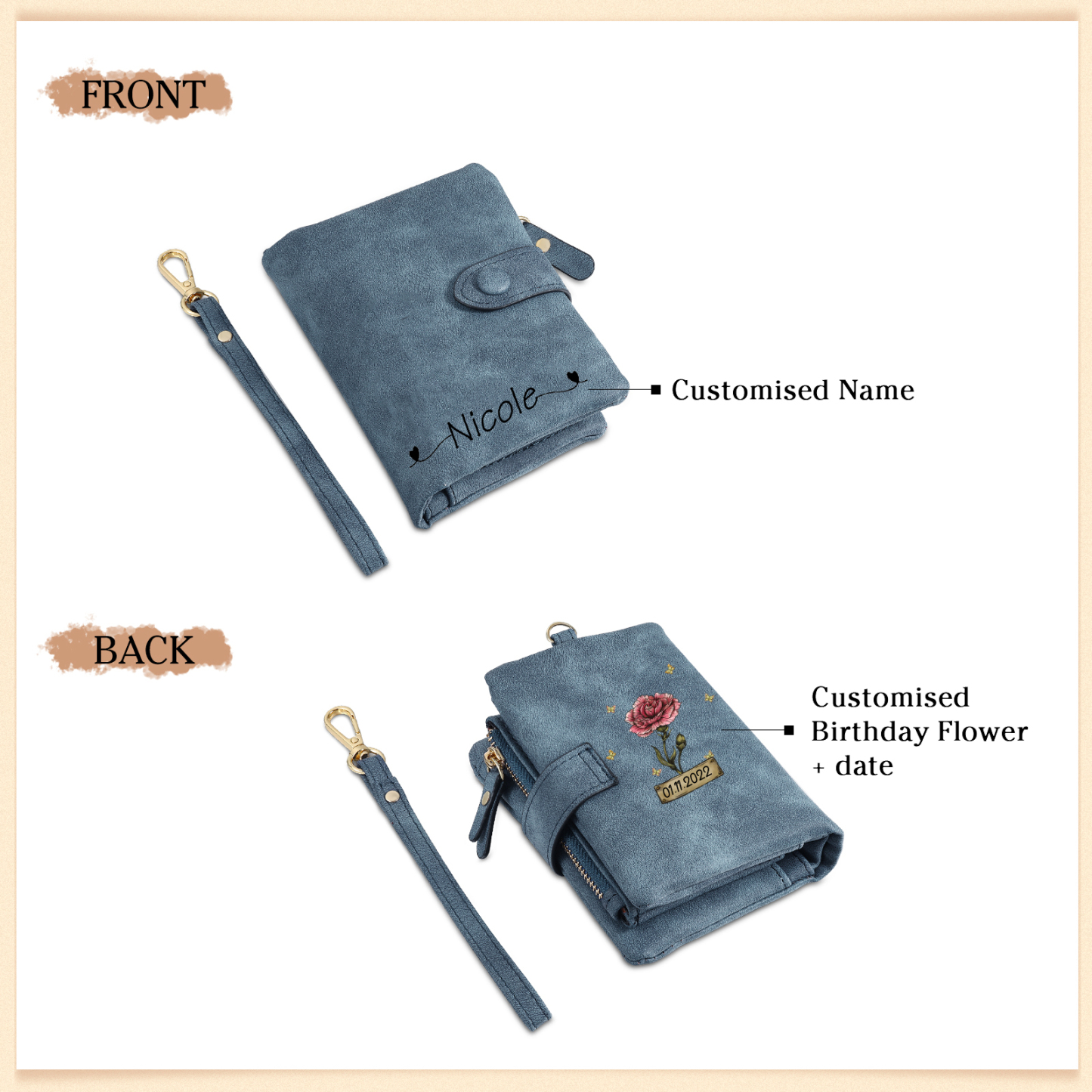 Cartera, billetera con 1 nombre, 1 fecha y 1 flor de nacimiento personalizados monedero clásico para mujer