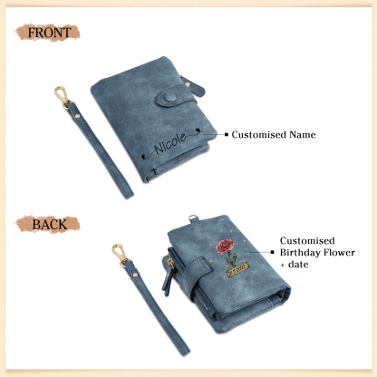 Cartera, billetera con 1 nombre, 1 fecha y 1 flor de nacimiento personalizados monedero clásico para mujer