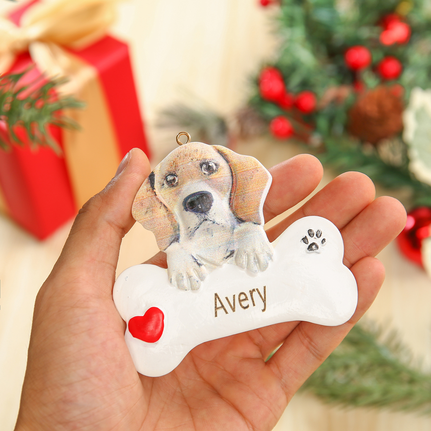 Navidad-Ornamento navideño de resina mascota perro Beagle 1 nombre personalizado adorno del árbol