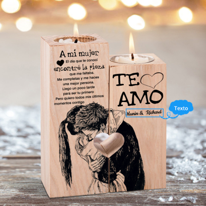 A mi mujer-Candelero de pareja abrazada de madera de dos piezas sin candela con 1 texto personalizado-Jessemade ES