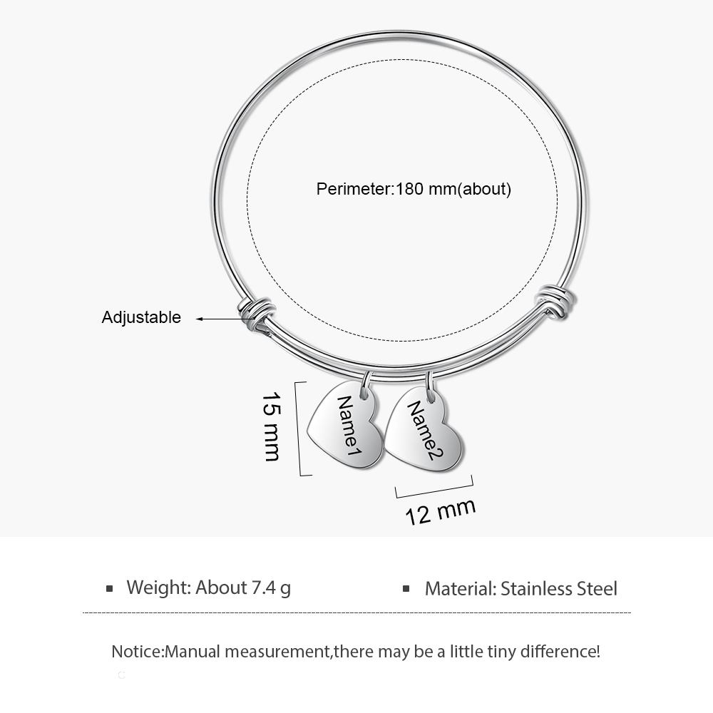 Pulsera con 2 nombres personalizados y 2 dijes de corazón-Jessemade ES