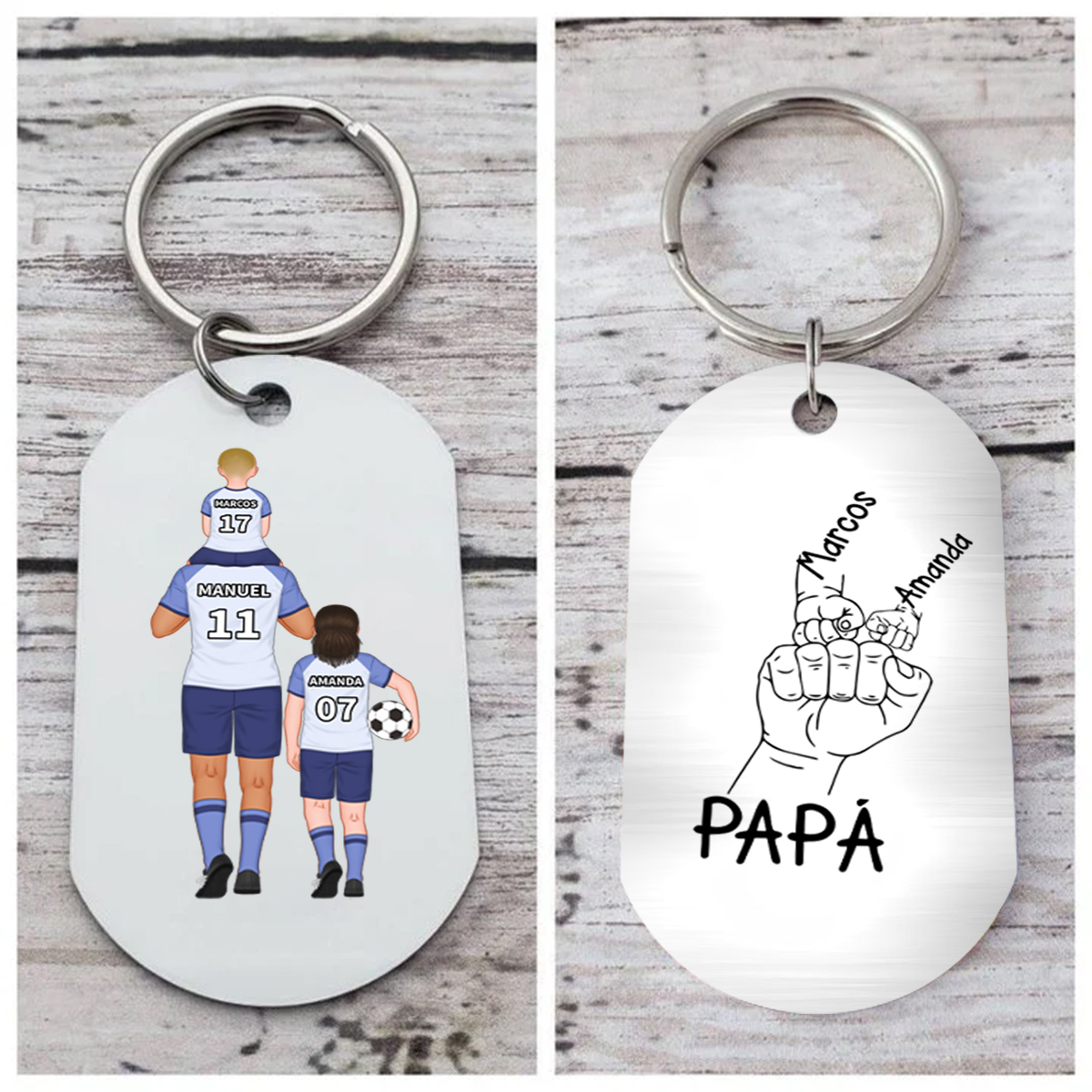 A mi papá-Llavero de placa con fútbol y puño con puño personalizado con 1-4 nombres, números y figuras-Jessemade ES