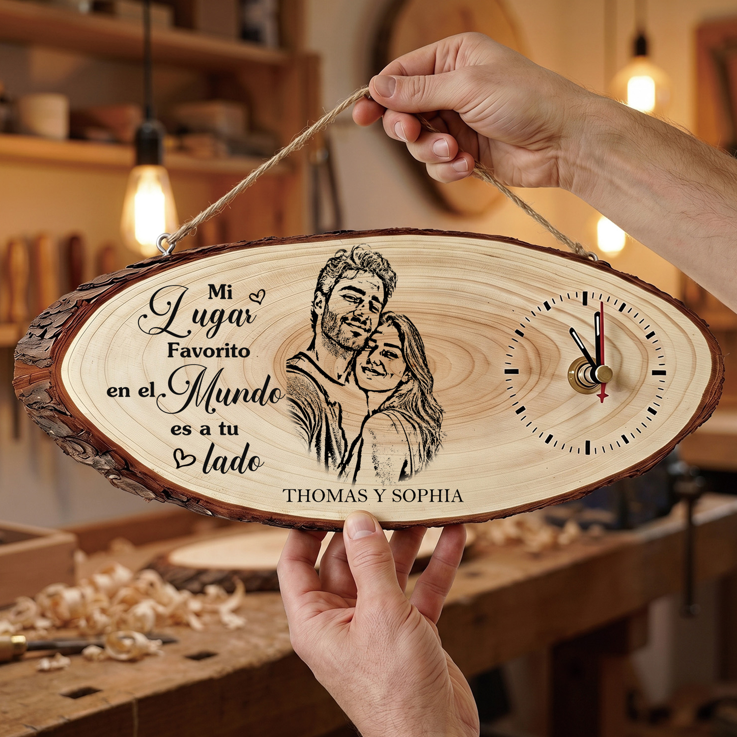 Reloj de Pared de Madera Personalizado con Foto de Pareja, 2 Nombres y Foto Personalizada