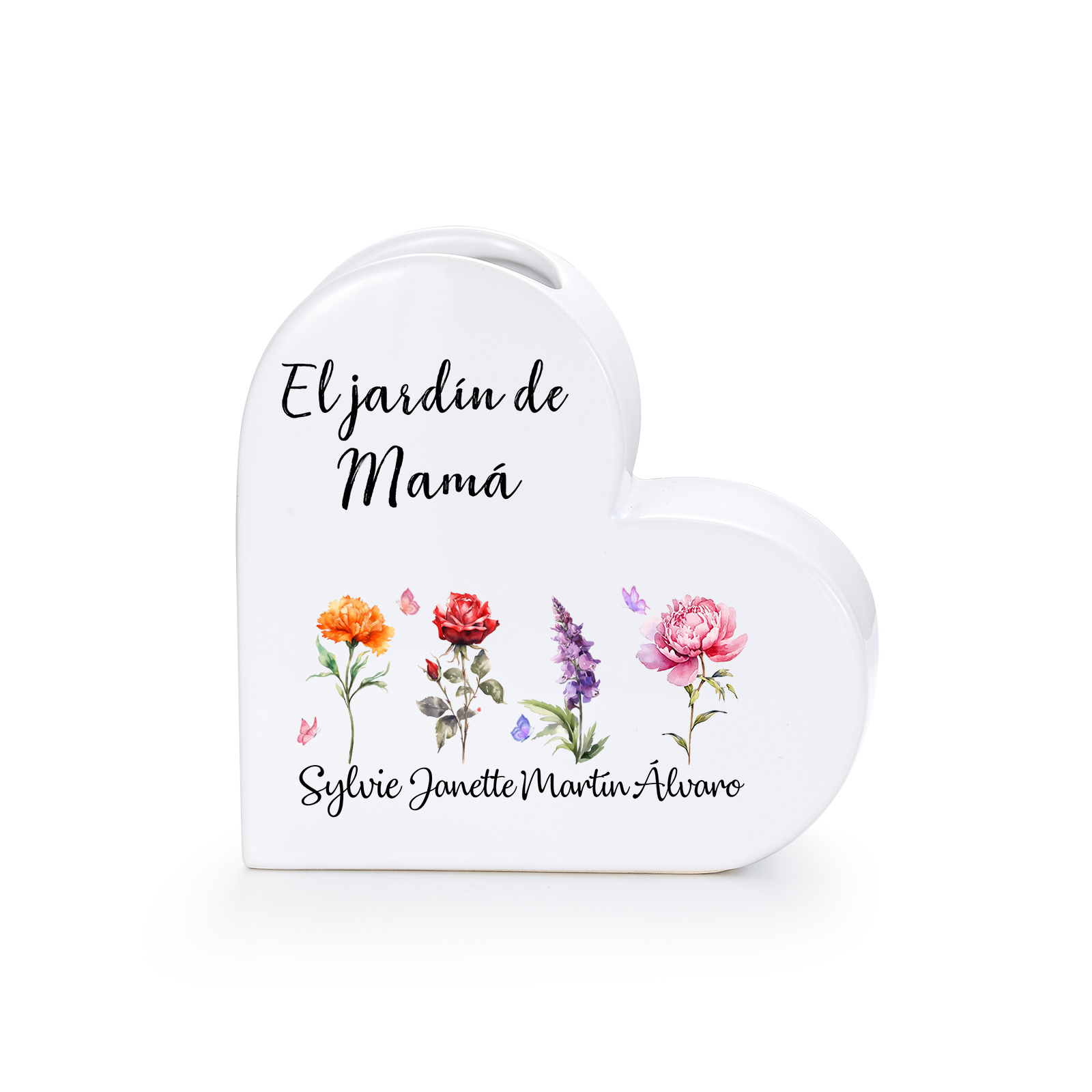Jarrón de cerámica en forma de corazón personalizado con 1 a 12 flores de nacimiento y nombres de niños
