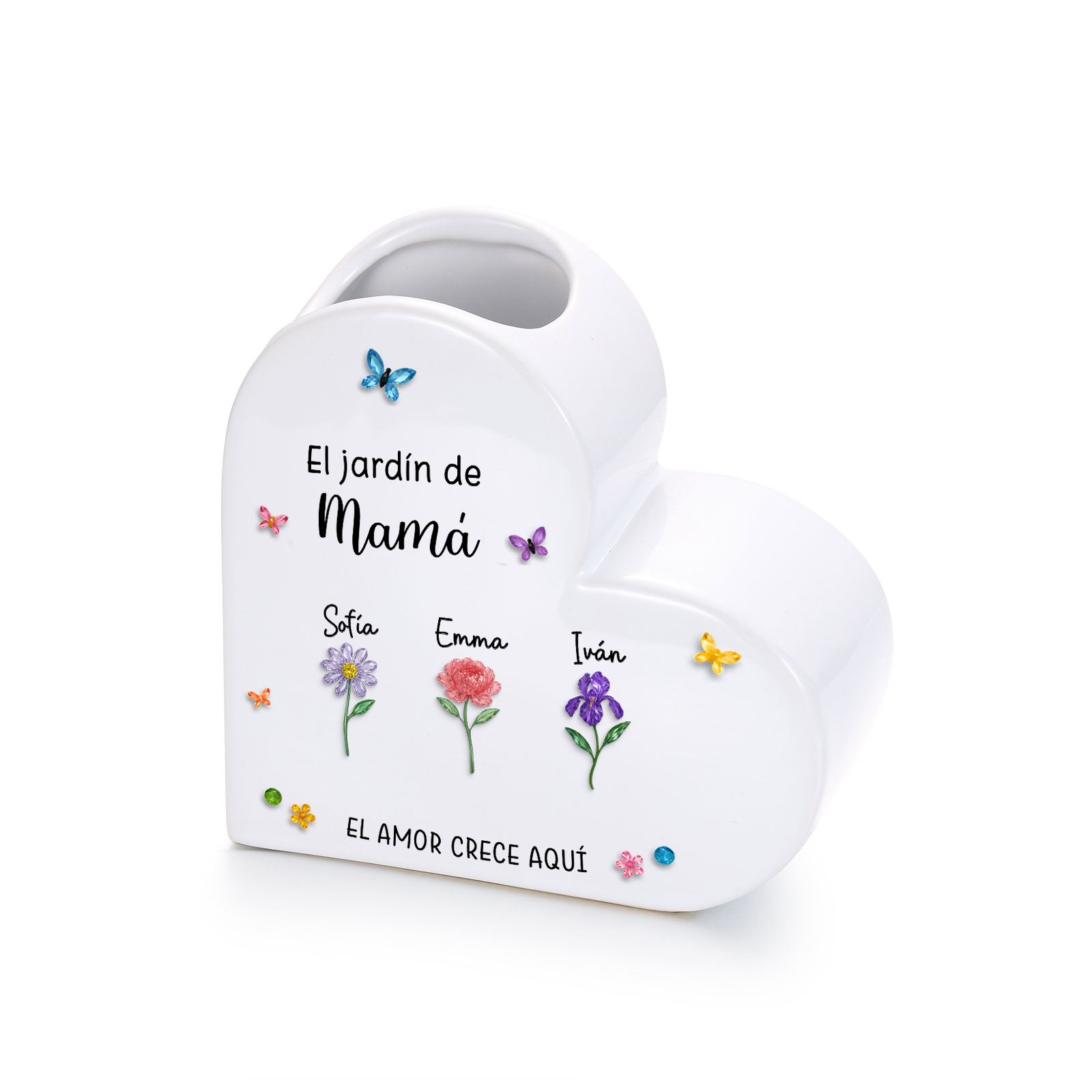 Jarrón de cerámica en forma de corazón personalizado con 1 a 10 nombres y flores de nacimiento para mamá/abuela