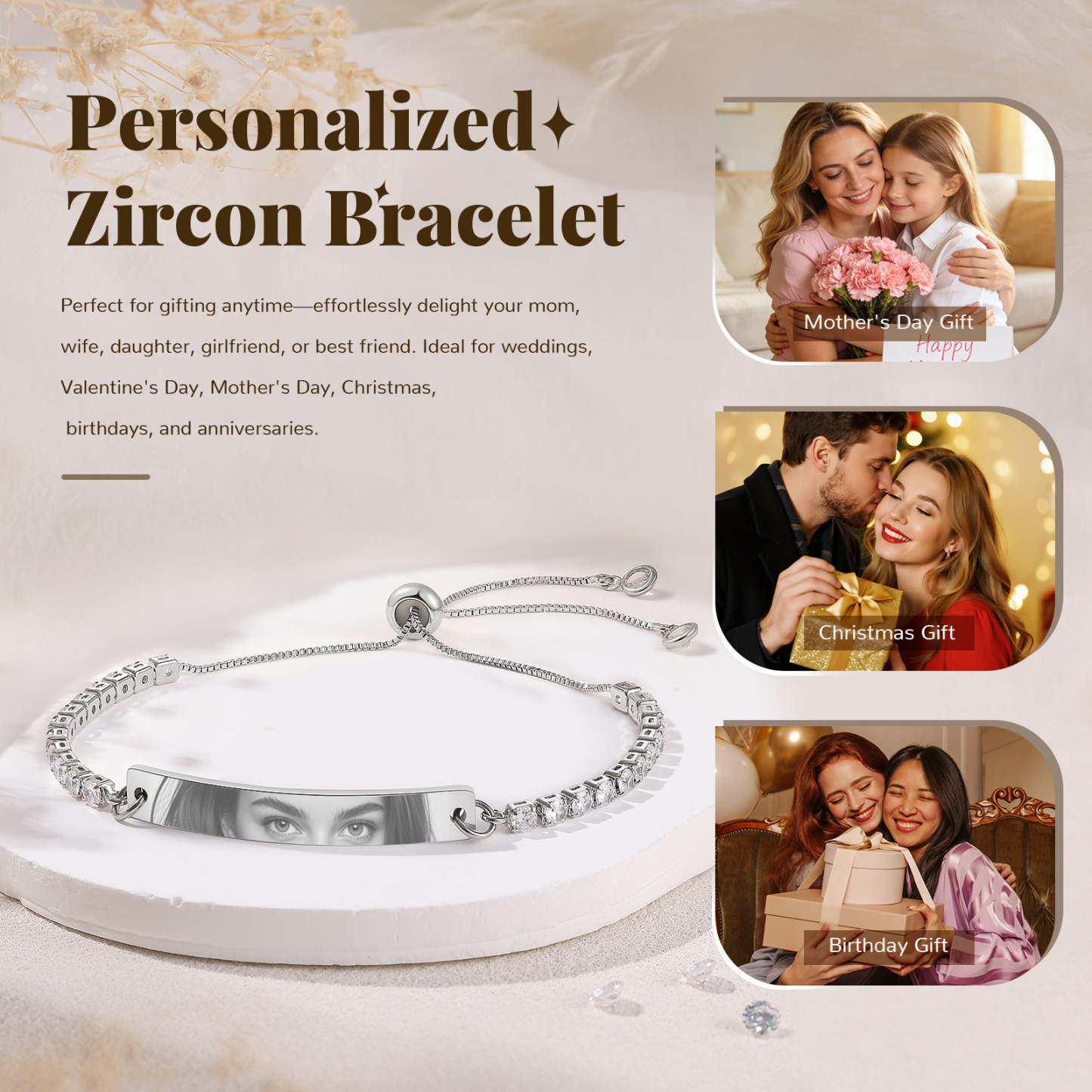 Pulsera de tenis ajustable y personalizada con foto para ella