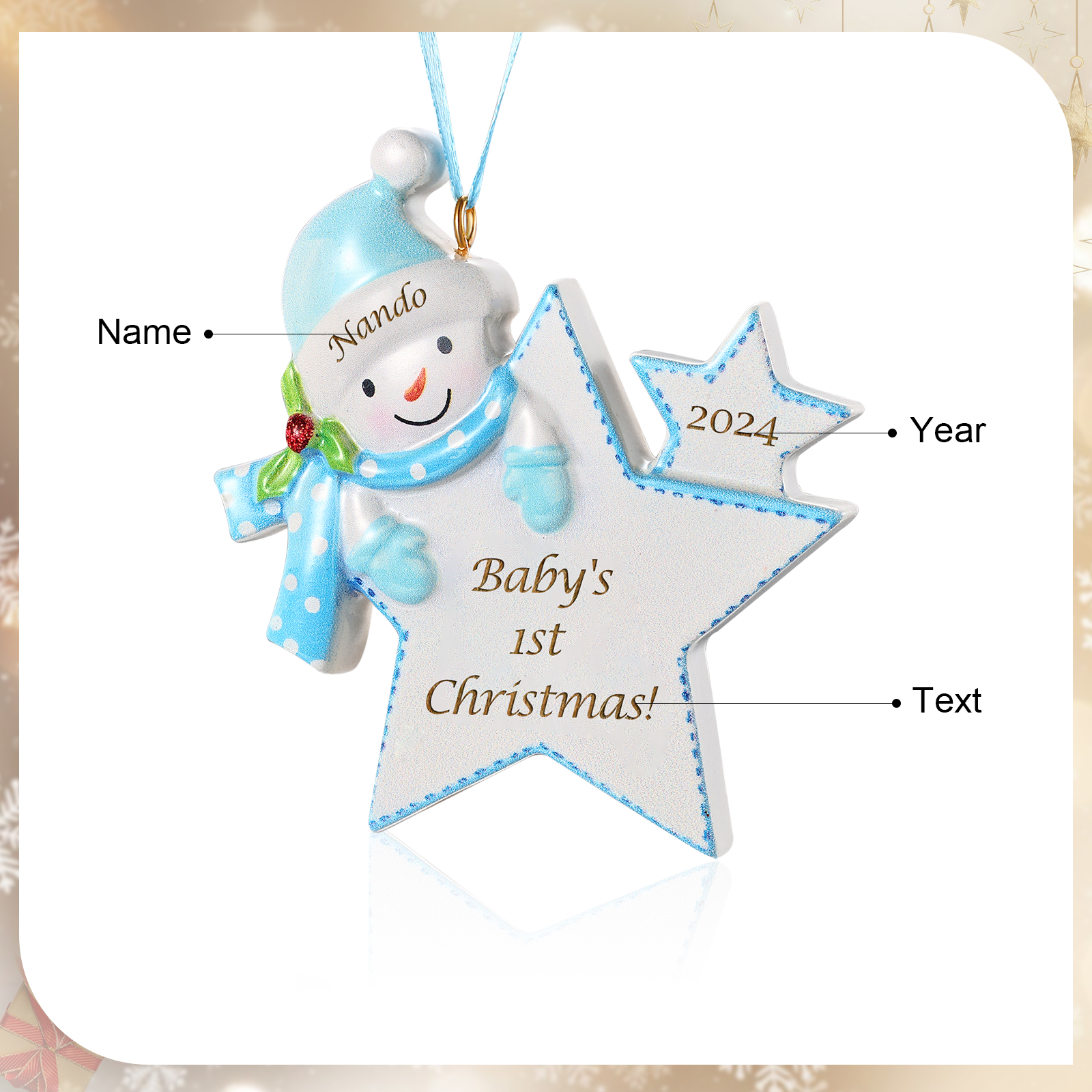 Adorno de estrella con muñeco de nieve personalizado para la primera Navidad del bebé