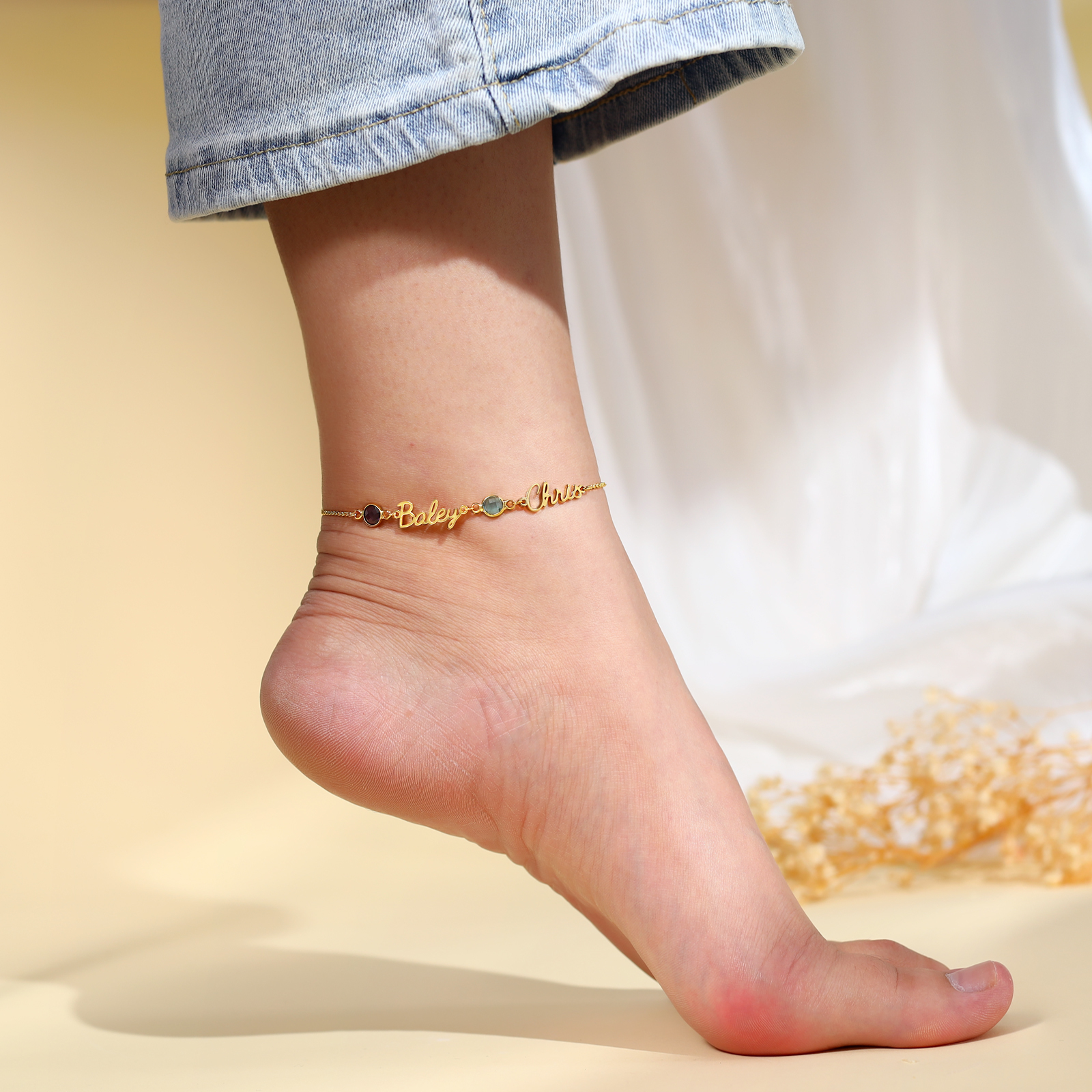 Pulsera de tobillo personalizada con nombre y piedra de nacimiento – Accesorio de verano único