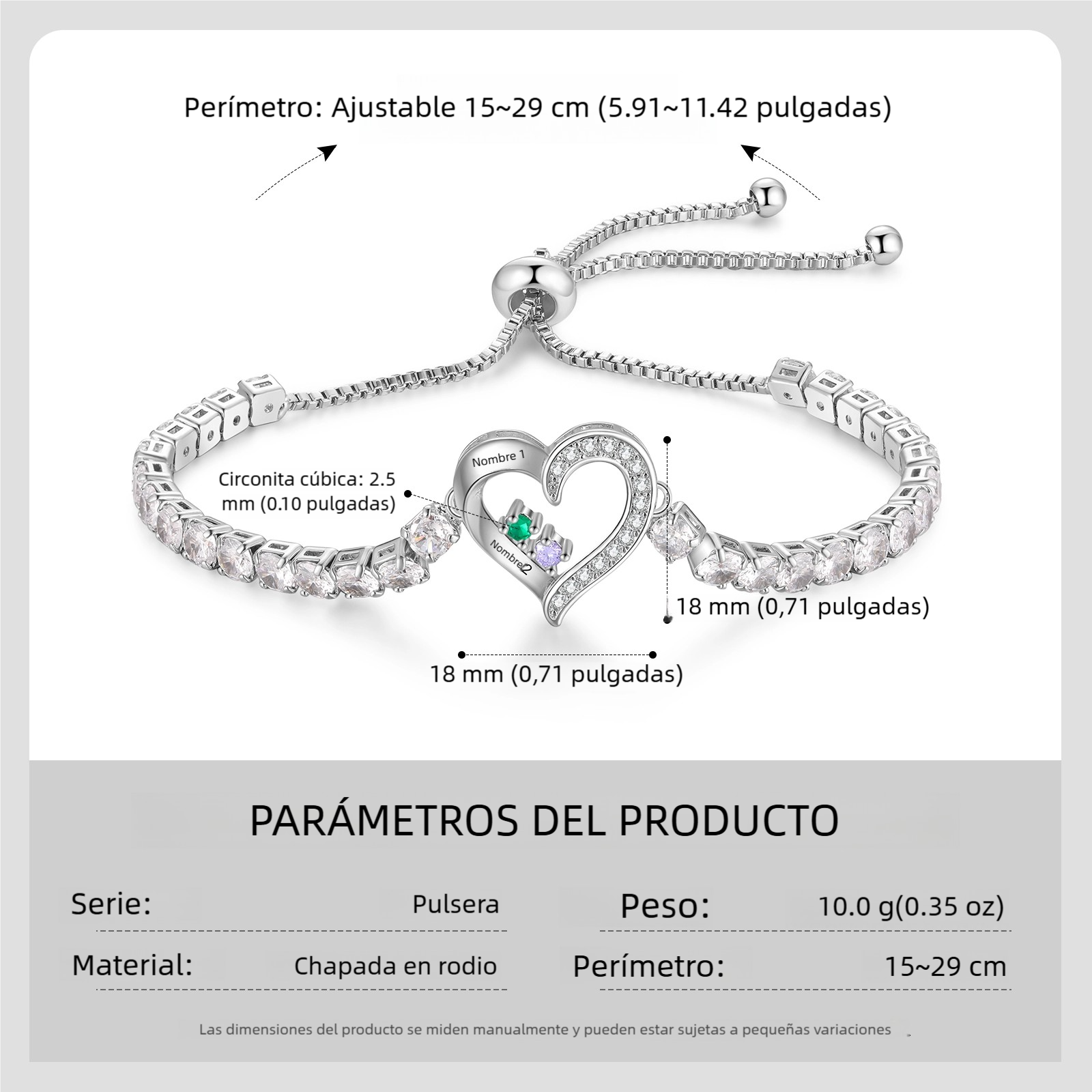 Pulsera personalizada de 2 a 4 nombres con corazón y piedra de nacimiento de circonita cúbica