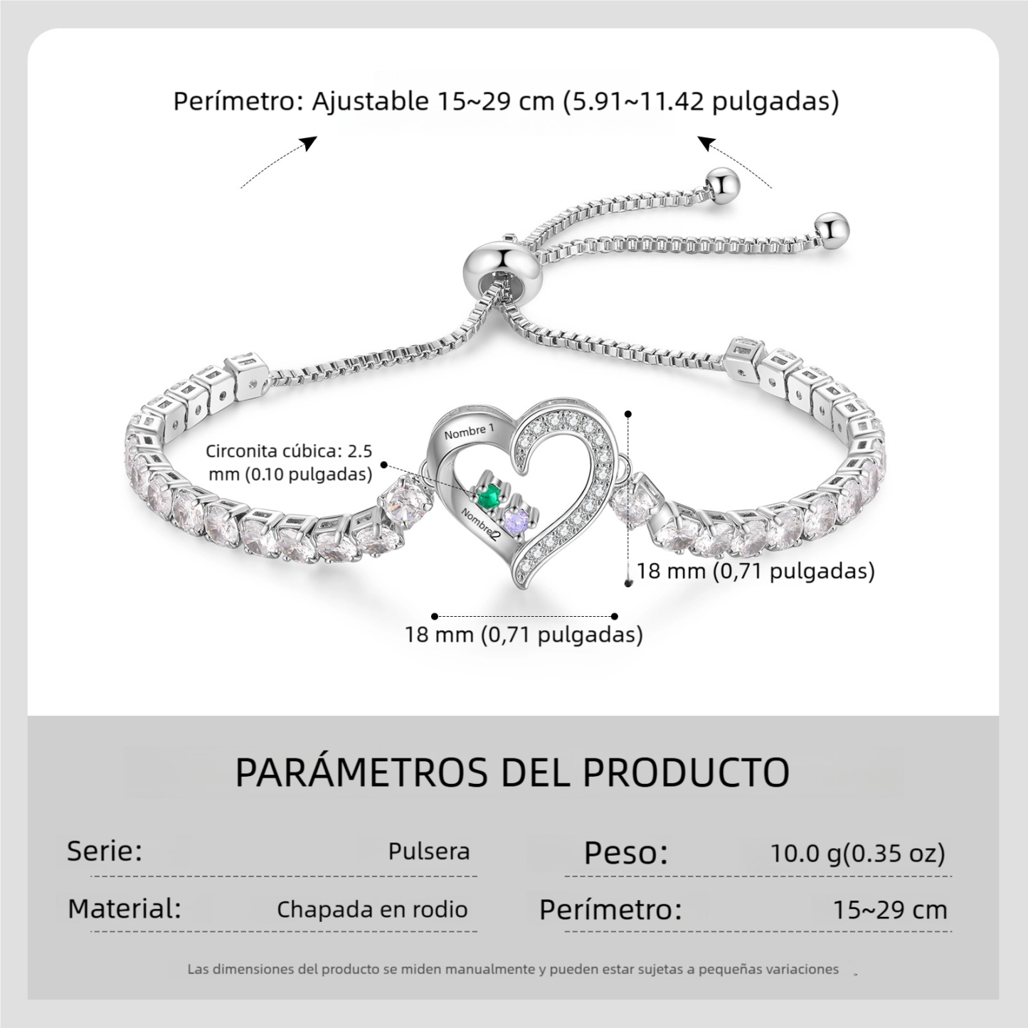 Pulsera personalizada de 2 a 4 nombres con corazón y piedra de nacimiento de circonita cúbica