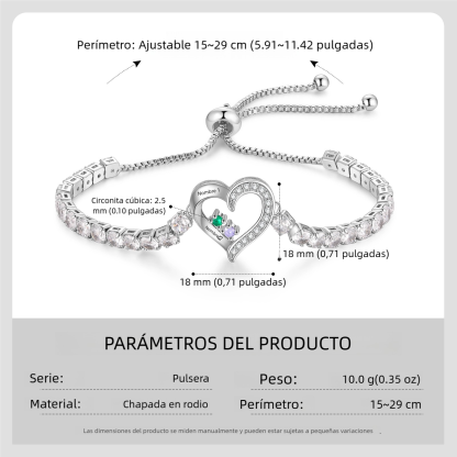 Pulsera personalizada de 2 a 4 nombres con corazón y piedra de nacimiento de circonita cúbica