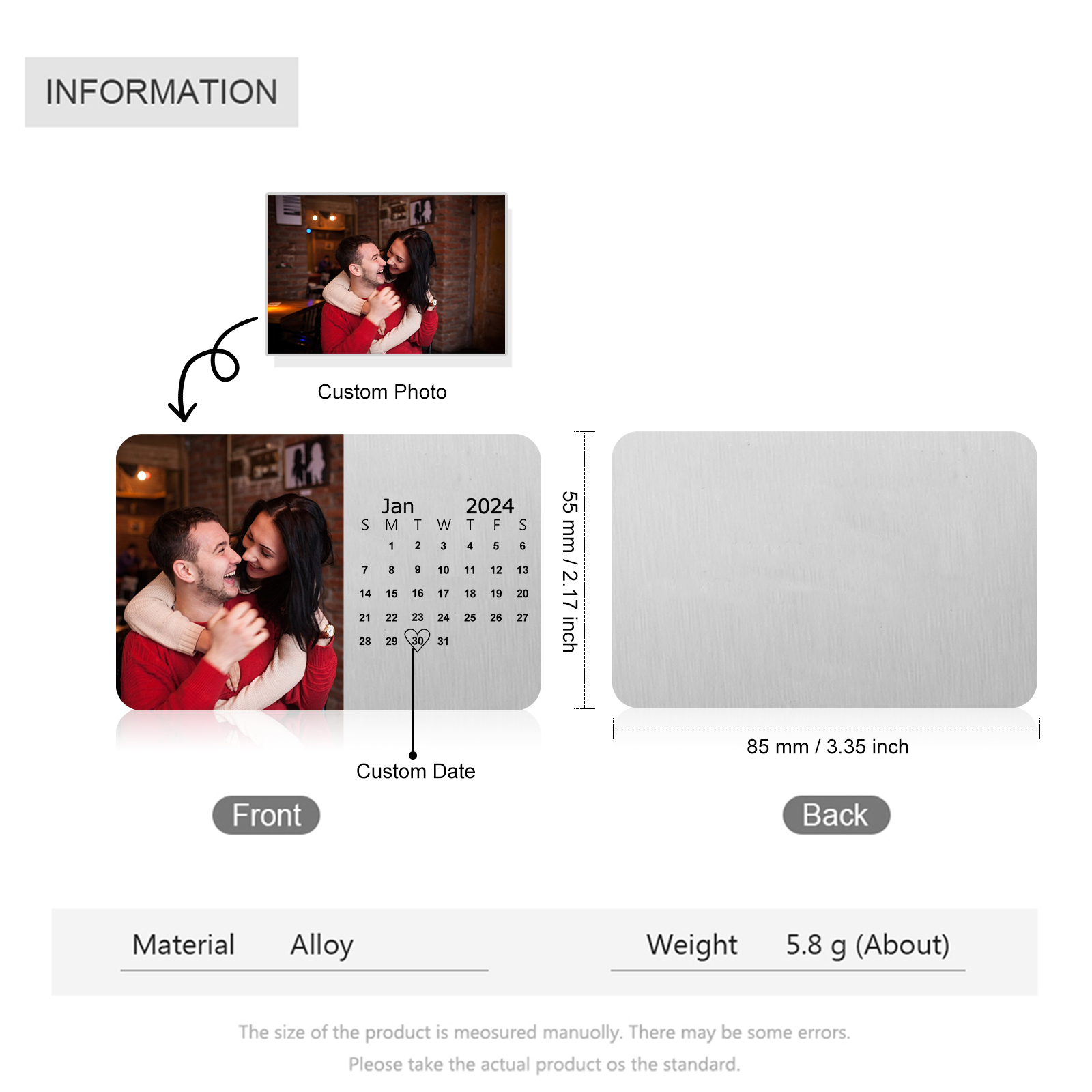 Tarjeta de cartera foto y calendario personalizados regalo para pareja San Valentín | Jessemade