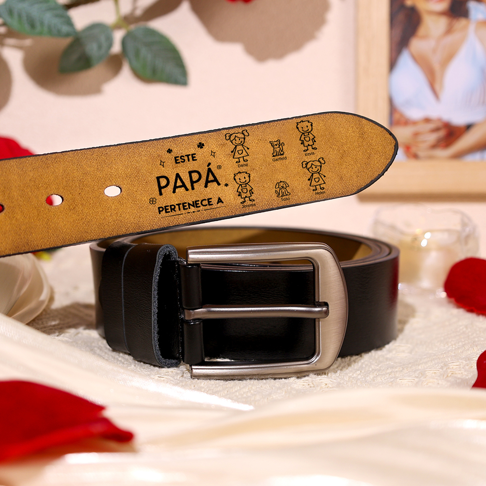 Cinturón de cuero para hombre con 1-6 nombres personalizados cuatro dibujos seleccionados regalo para papá | Jessemade