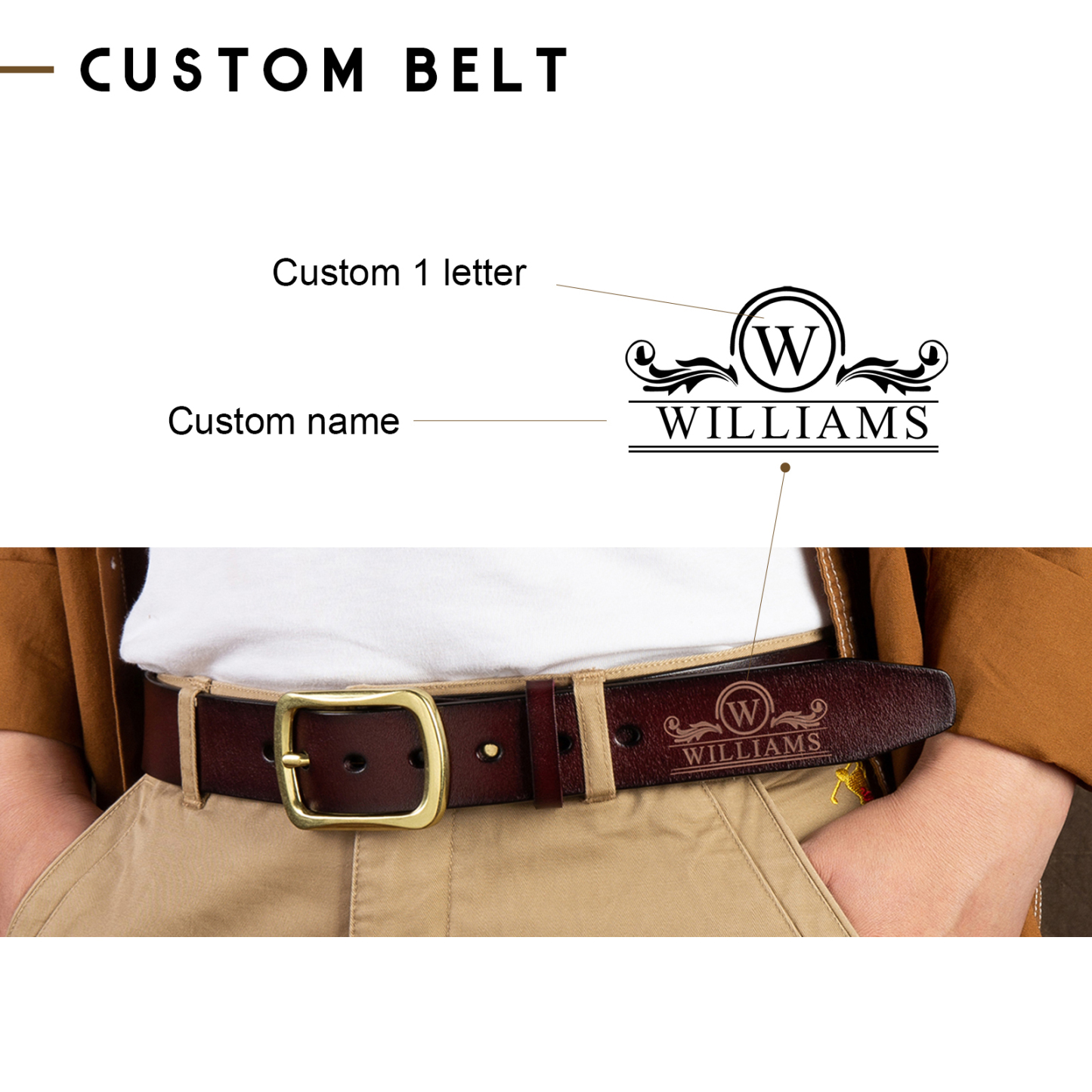 Cinturón de cuero para hombre con nombre e inicial personalizados | Jessemade