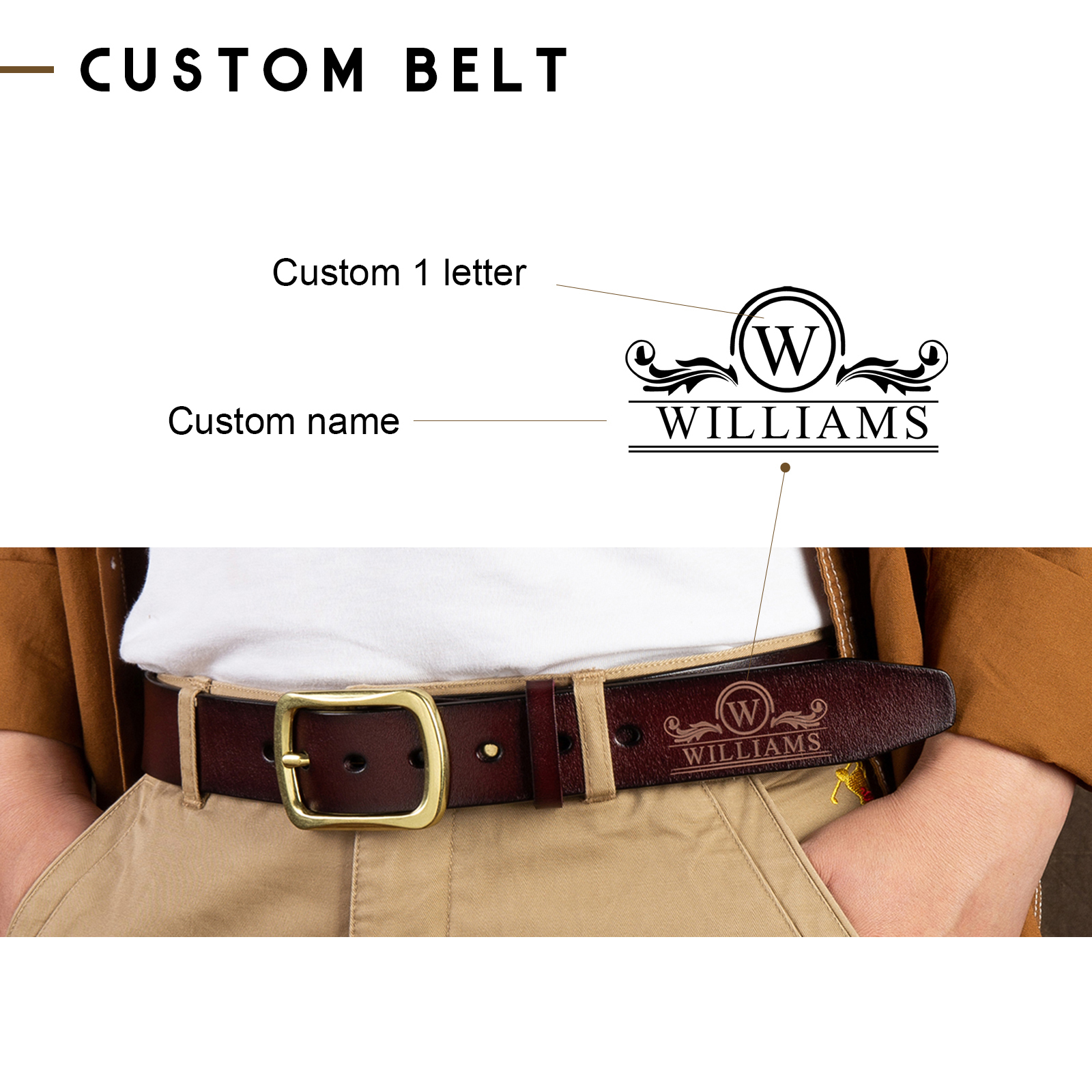 Cinturón de cuero para hombre con nombre e inicial personalizados | Jessemade