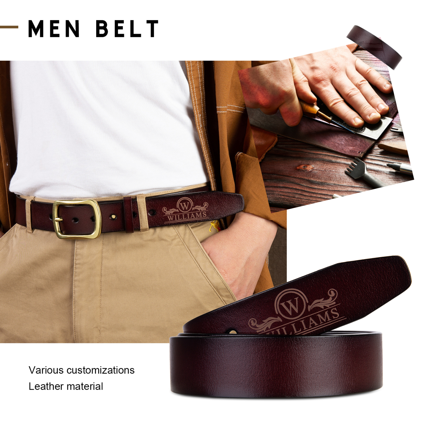 Cinturón de cuero para hombre con nombre e inicial personalizados | Jessemade