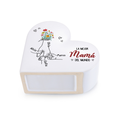 Jarrón Corazón de Cerámica Personalizado con 2 a 6 Nombres « La mejor mamá/abuela del mundo »