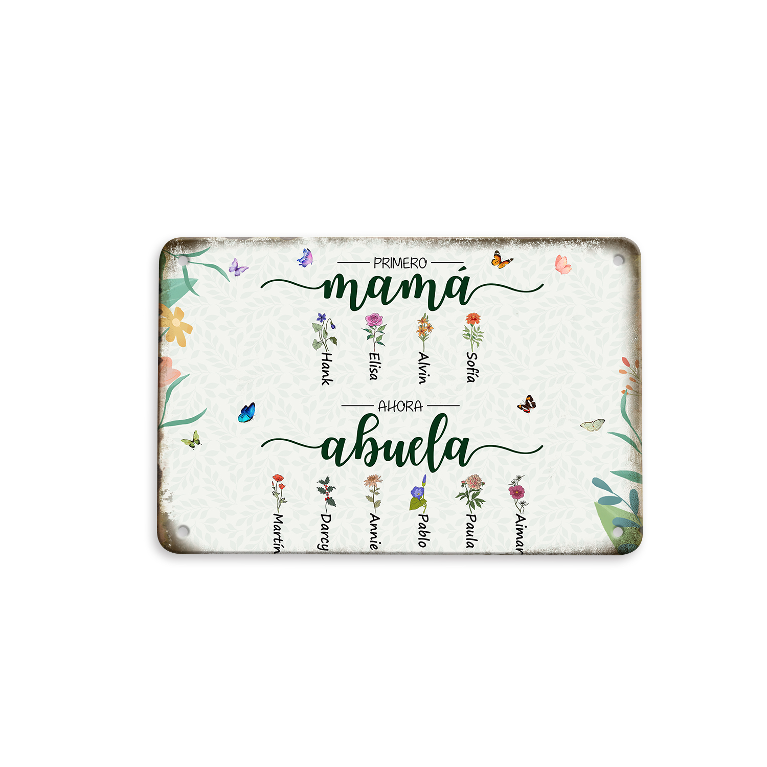 Placa metálica de jardín floral personalizada «Primero mamá, ahora abuela»