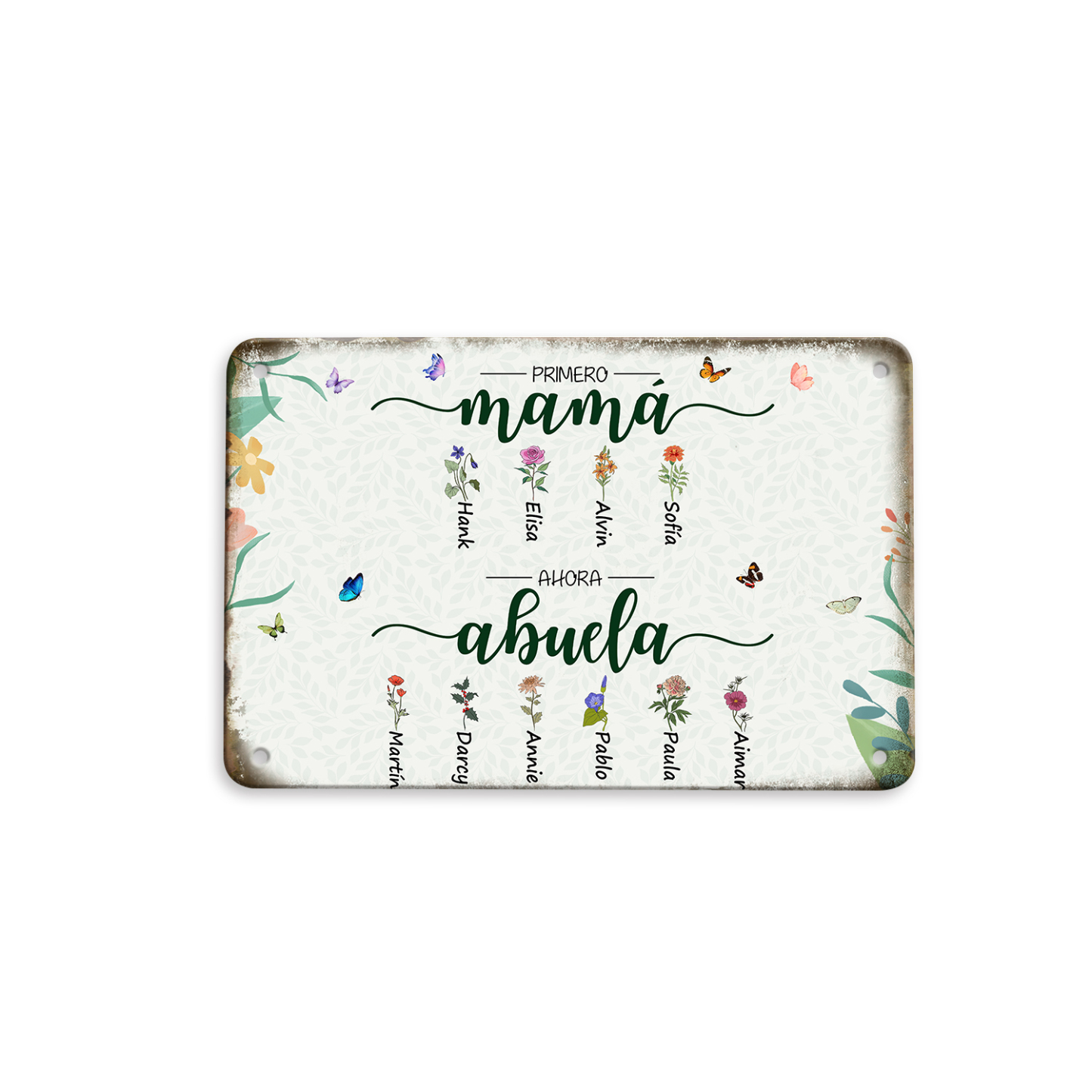 Placa metálica de jardín floral personalizada «Primero mamá, ahora abuela»