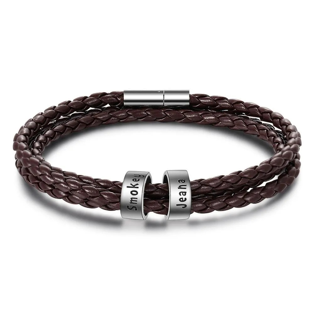 Pulsera para hombre de cuero trenzado personalizada con 2 nombres en 2 aros 7 colores 