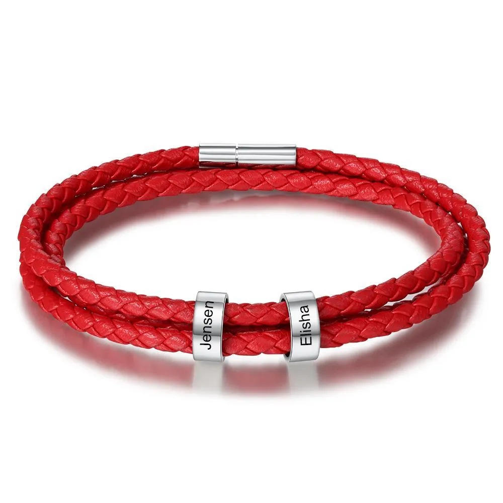 Pulsera para hombre de cuero trenzado personalizada con 2 nombres en 2 aros 7 colores 