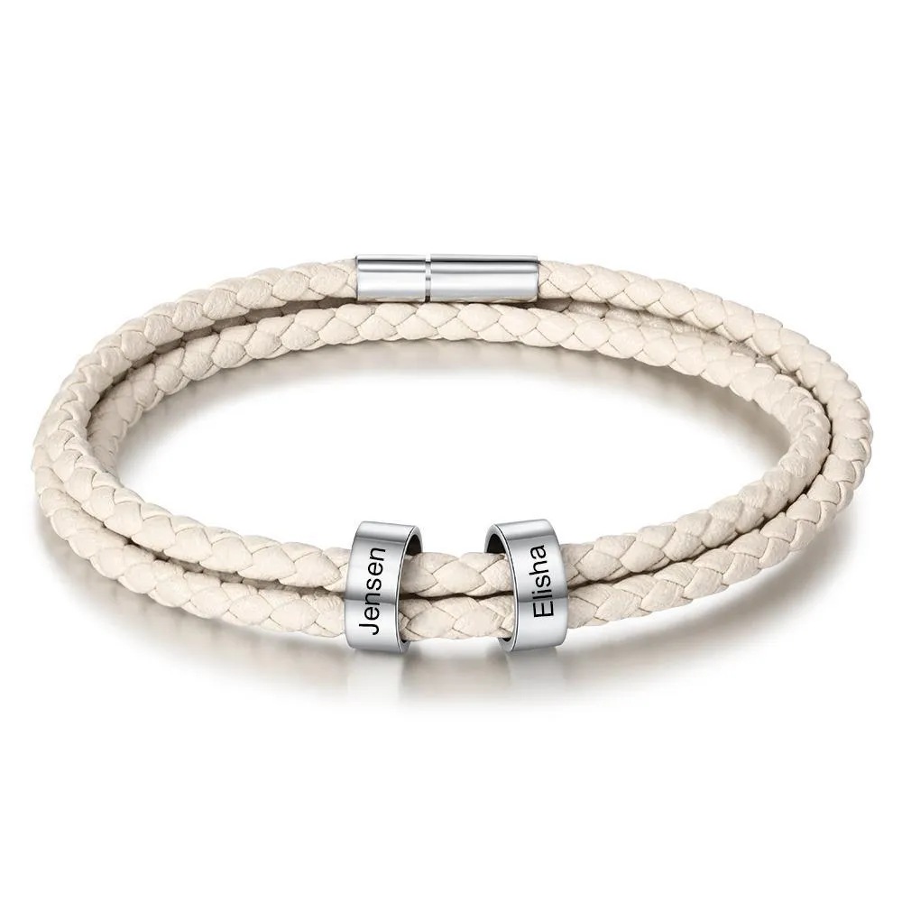 Pulsera para hombre de cuero trenzado personalizada con 2 nombres en 2 aros 7 colores 