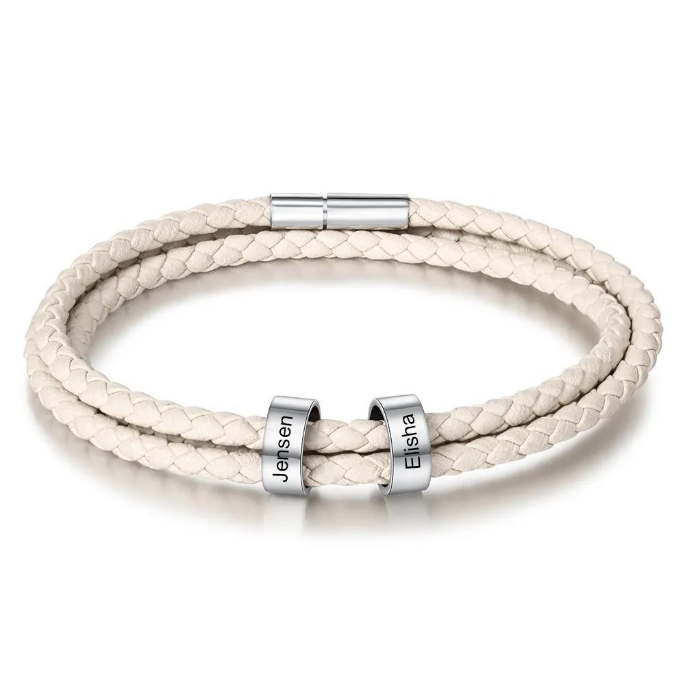 Pulsera para hombre de cuero trenzado personalizada con 2 nombres en 2 aros 7 colores 