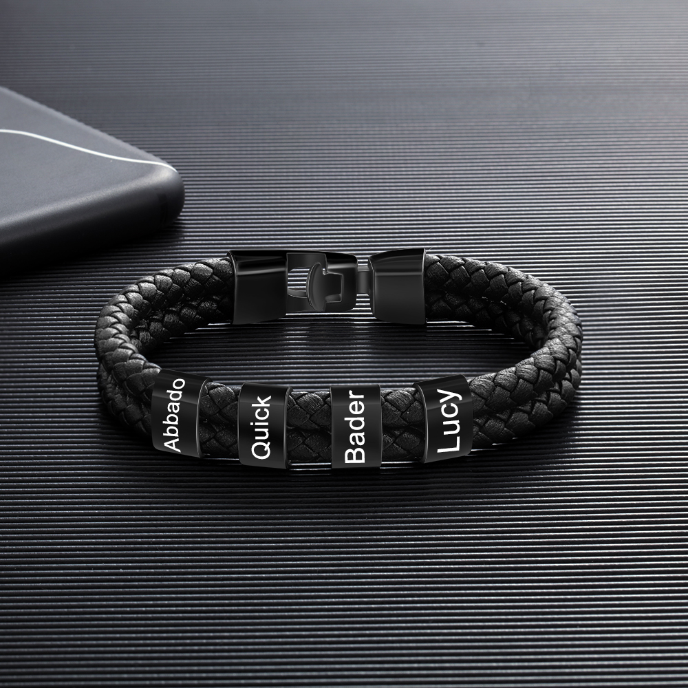Pulsera de Cuero Trenzado con Aros Negros para Hombre 1-8 Nombres Personalizados | Jessemade