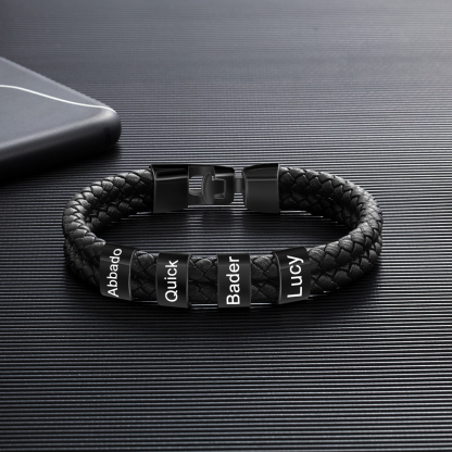 Pulsera de Cuero Trenzado con Aros Negros para Hombre 1-8 Nombres Personalizados | Jessemade
