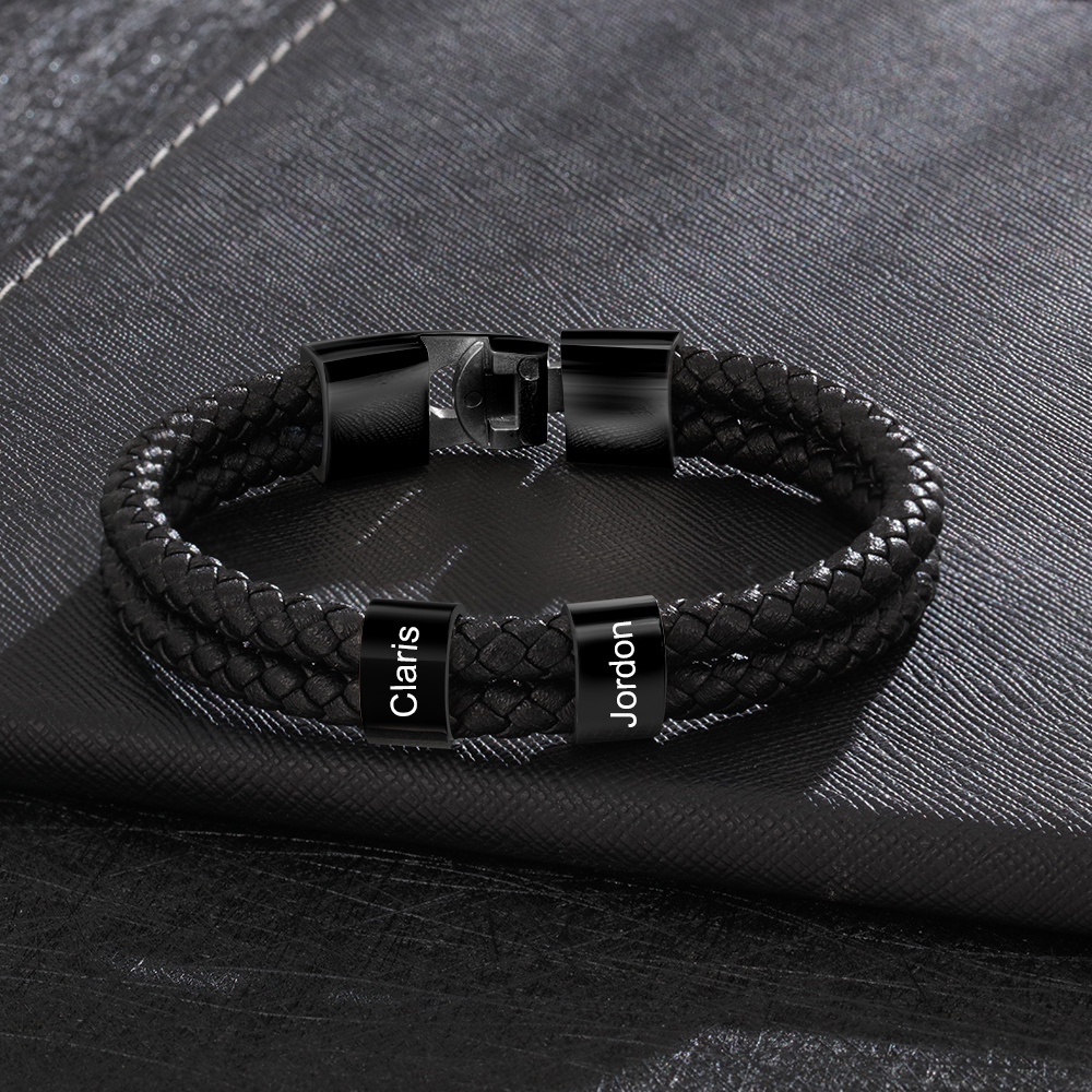 Pulsera de Cuero Trenzado con Aros Negros para Hombre 1-8 Nombres Personalizados | Jessemade