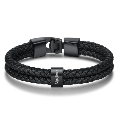 Pulsera de Cuero Trenzado con Aros Negros para Hombre 1-8 Nombres Personalizados | Jessemade