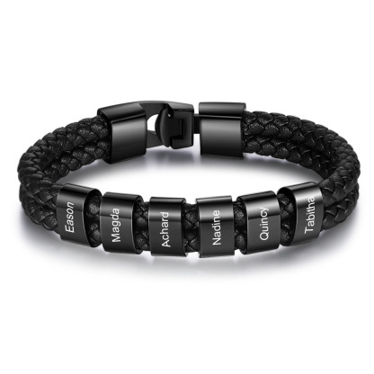 Pulsera de Cuero Trenzado con Aros Negros para Hombre 1-8 Nombres Personalizados | Jessemade