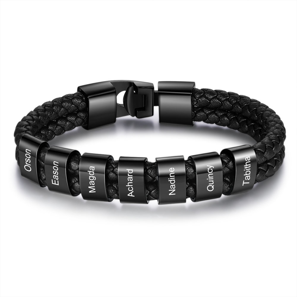 Pulsera de Cuero Trenzado con Aros Negros para Hombre 1-8 Nombres Personalizados | Jessemade