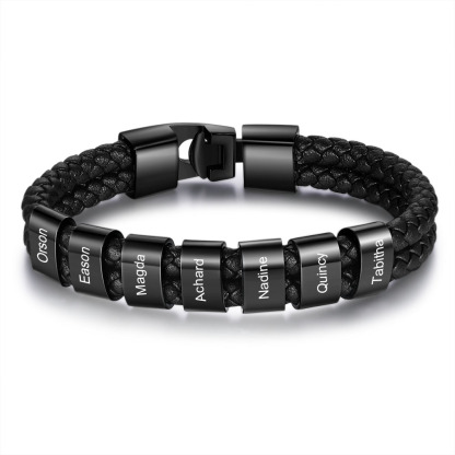 Pulsera de Cuero Trenzado con Aros Negros para Hombre 1-8 Nombres Personalizados | Jessemade