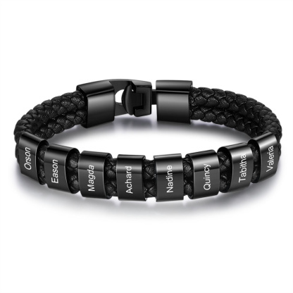 Pulsera de Cuero Trenzado con Aros Negros para Hombre 1-8 Nombres Personalizados | Jessemade