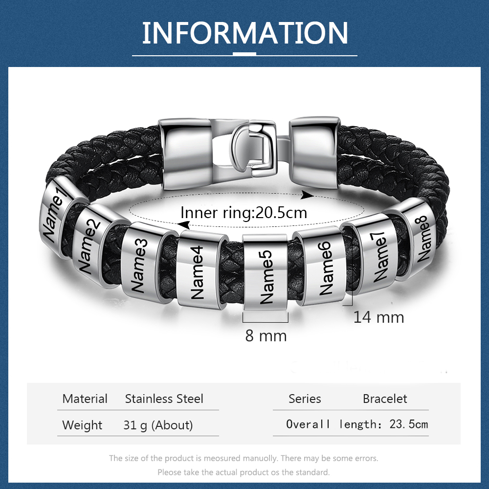 Pulsera de Cuero Trenzado con Aros Plateados para Hombre 1-8 Nombres Personalizados | Jessemade