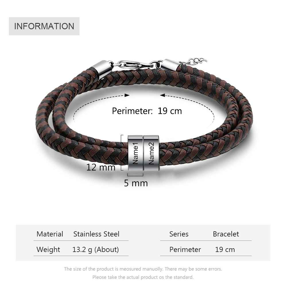 Pulsera de Cuero Trenzado 2 Nombres Personalizados para Hombre